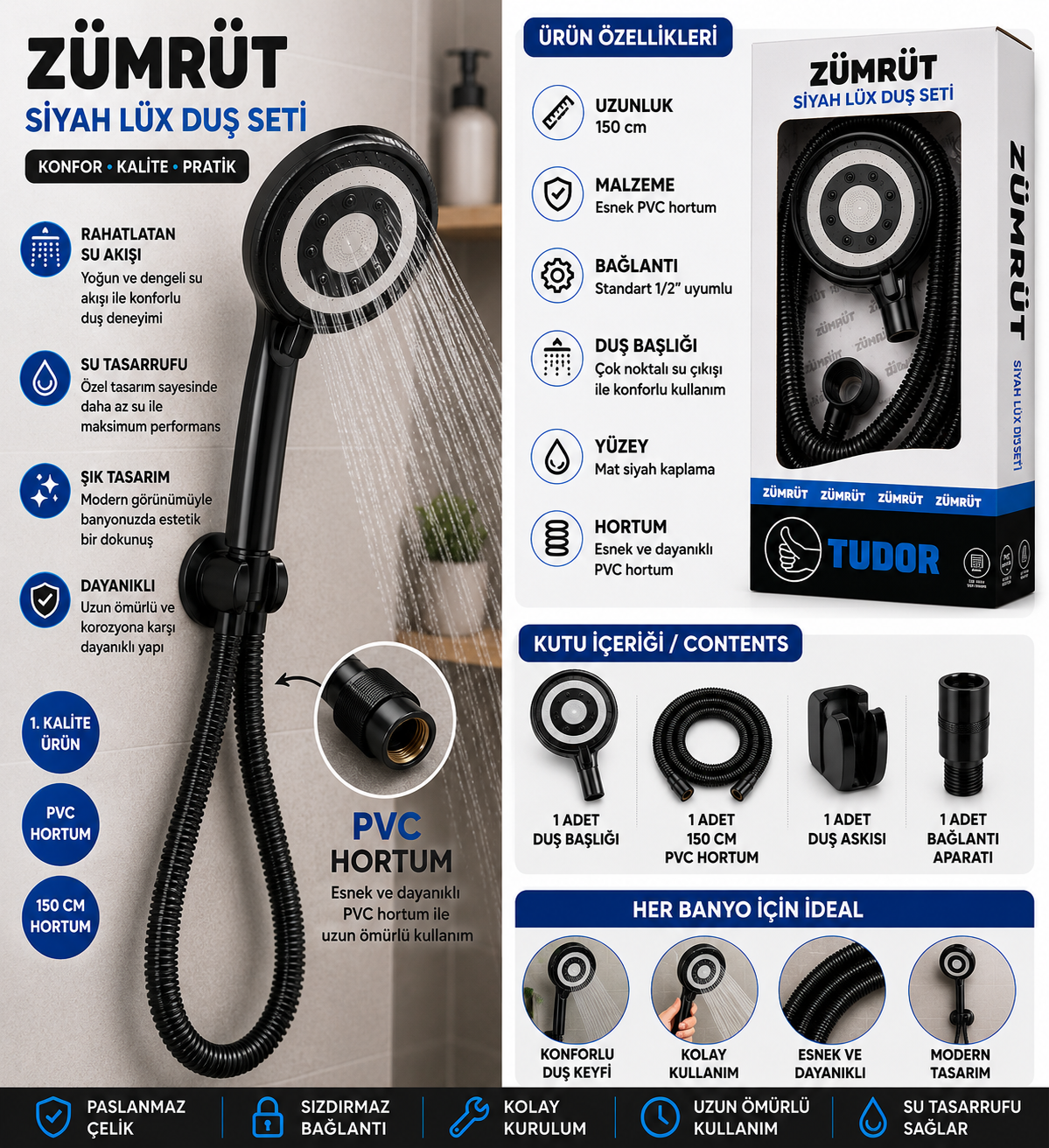 ZÜMRÜT Siyah Duş Seti Duş Başlığı Uyumlu Çelik Duş Hortumu 1,5 Metre Universal Esnek Dayanıklı Krom Bağlantılı Hortum görsel 1