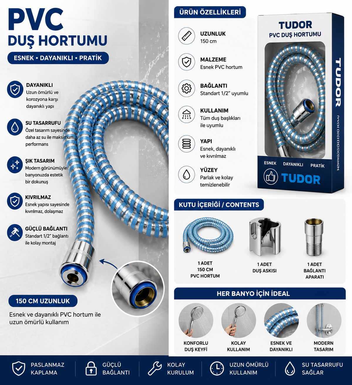 EVİLOHOME Duş Başlığı Uyumlu Açık Mavi Çizgili PVC Duş Hortumu 1,5 Metre Universal Esnek Dayanıklı Krom Bağlantılı Hortum görsel 1